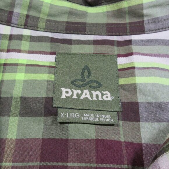 prAna mens brown olive lime beige plaid button front shirt XL EUC - Picture 3 of 4